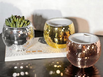BAOBYAO Disco Ball Planter,Disco Ball Vase,Plant Pot,Flower Pot,Mirror Plant Holder,Plastics Self Watering Disco Decor Planter for Small Plant, Party,Table,Office,Kitchen,Silver,4X5IN