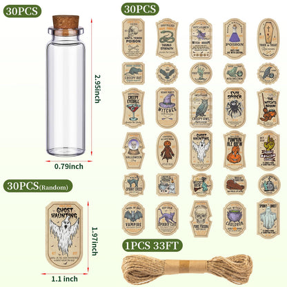 ZAUGONTW 91 Pcs Halloween Potion Bottle Set, 30 Potion Bottles with Cork Stoppers, Stickers, 30 Charms Pendants and 1 Piece String for Halloween Tiered Tray Decorations, Indoor Party Supplies