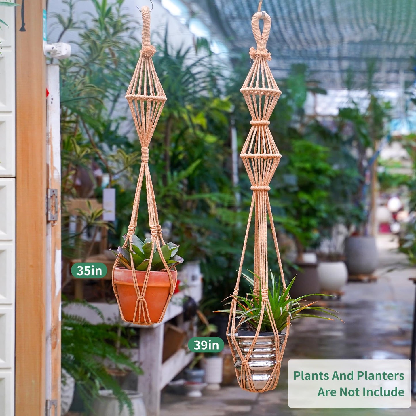 Hourglass Floating Macrame Plant Hangers 2 Pack Handmade Cotton Rope Hanging Planters Basket with S Hooks, Diamond Openwork Boho Home Decor for Indoor Outdoor, Plants Holder 35" & 39” (Caramel)