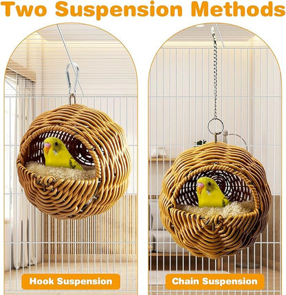 Rattan Birds Nest for Cage Hanging Parakeet House Chewproof Parrot Breeding Bed Small Budgies Hideout Swing Hut Bird Cage Accessories for Lovebirds Cockatiel Conure Finch Canary (Brown)