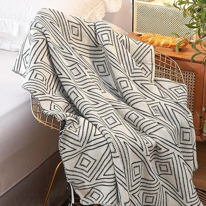 Black and White Throw Blankets, Knitted Modern Patterned Throw Blanket, Soft Lightweight Woven Throw Blanket for Sofa Couch Bed and Living Room, Black&White (50x70 Inch)