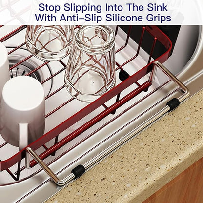 MAJALiS Red Dish Drying Rack Over The Sink, Expandable Stainless Steel Dish Drainer for Small Kitchen Counter Space Saving, RV Compact Plate Strainer in Metal with Hanging Adjustable Utensil Holder