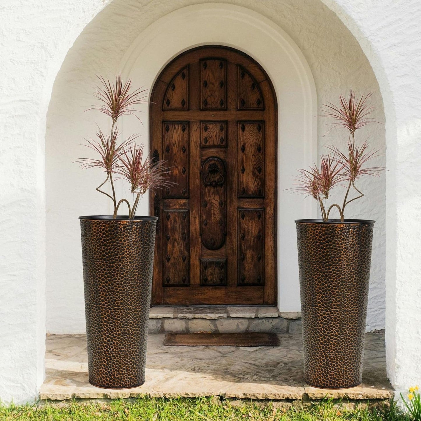 Worth 2 Pack 28" Tall Narrow Metal Planter with Inside Pot for Indoors or Outdoors, Deck, Patio or Front Porch, Hand-Hammered Texture, Bronze