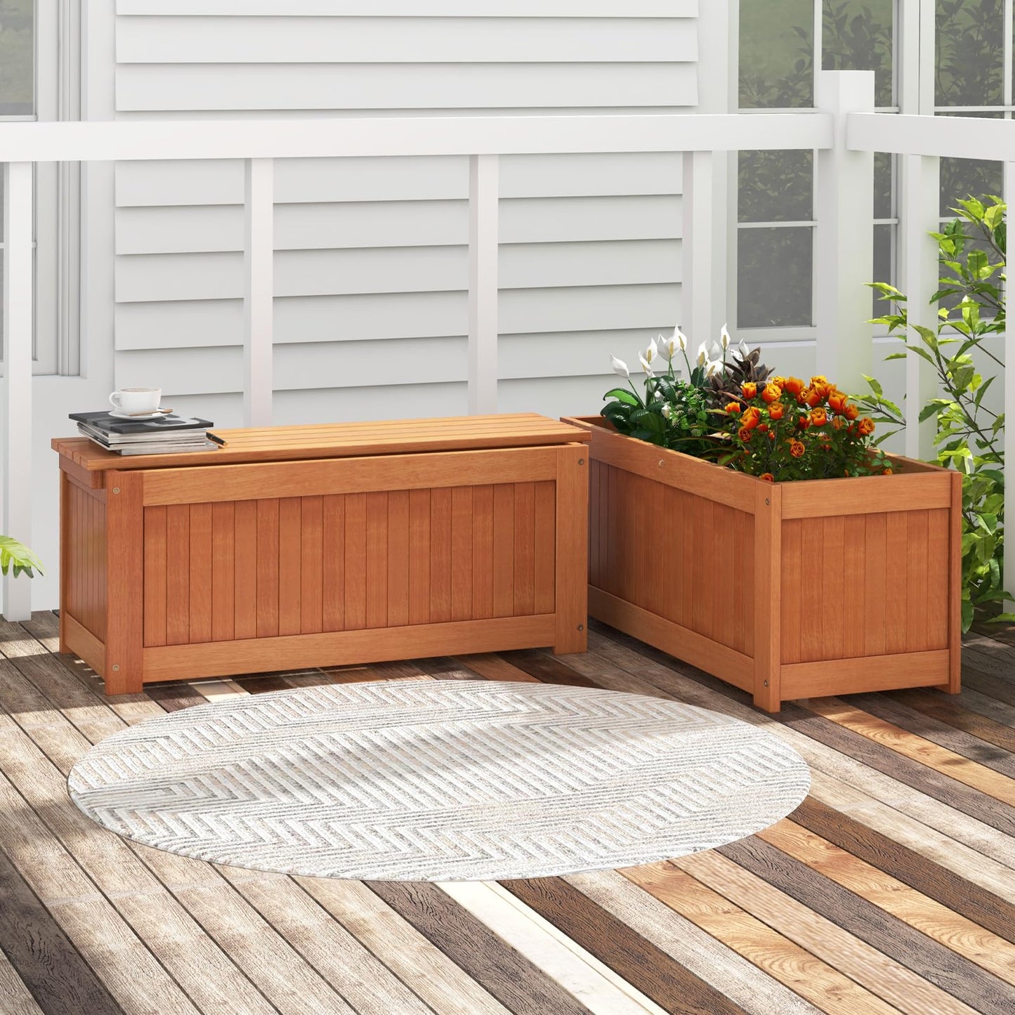 Toolsempire Outdoor Planter Bench, 45 Gallon Outdoor Bench Wooden Raised Garden Bed with Planter Box, 2-in-1 Wood Planter Bench Deck Plant Box for Porch, Patio, Garden & Backyard