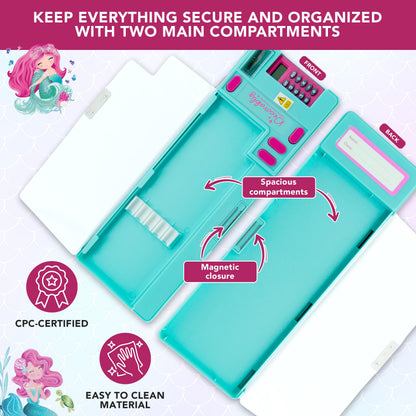 Decorably Pop Up Multifunction Mermaid Pencil Case for Girls, with Calculator, Sharpener, Pen Slots, Mini Drawer and 2 Main Compartments with Magnetic Closure - Back to School Gift for Kids