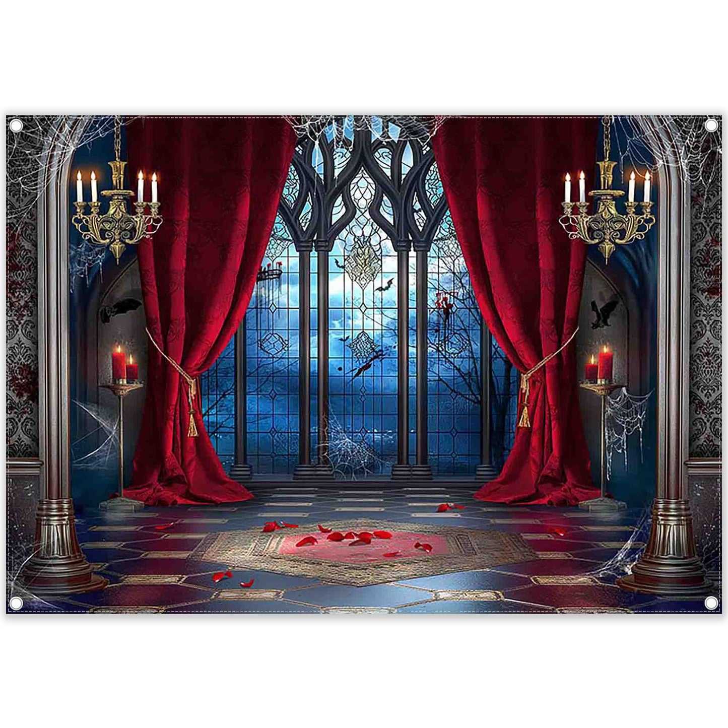 YCUCUEI 7x5ft Fabric Halloween Vampire Medieval Castle Backdrop Gothic Window Red Curtain Bats Photography Background Haunted House Party Decor Photo Props