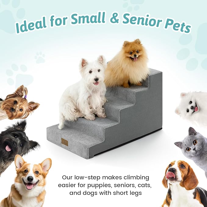 COZY KISS Dog Stairs for Small Dogs 15.7" H, 4-Step Gentle Incline Pet Step for Couch Sofa, Non-Slip Dog Ramp for Puppy Doggie Senior Cats, 15.7x23.6x15.7 Inch, Grey