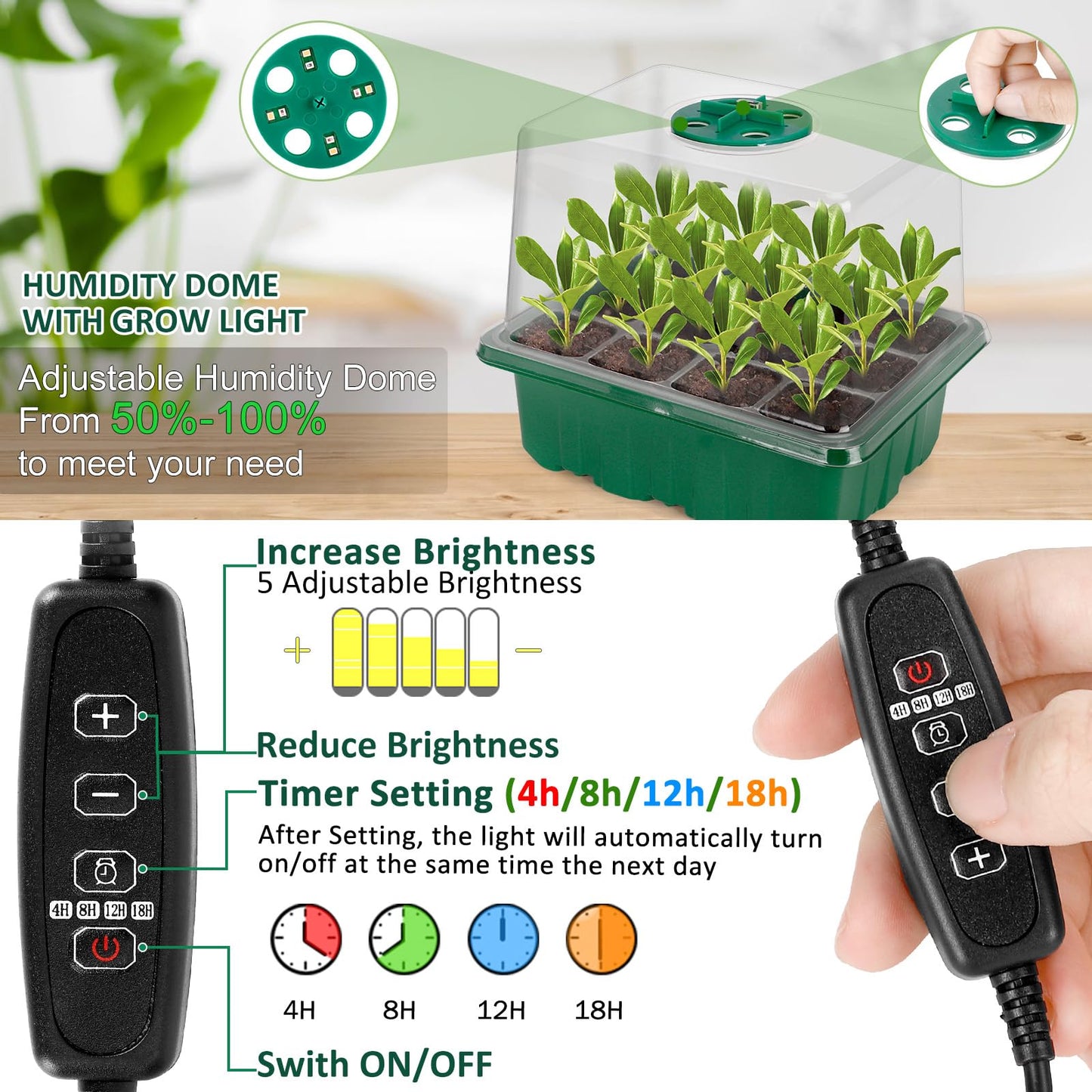 Tuidshui Seed Starter Tray with Grow Lights 5 PCS Kit Humidity Dome Adjustable Brightness Timer Controller 8 LED Seedling Trays with Tall Lid Mini Greenhouse for Staring Seedlings