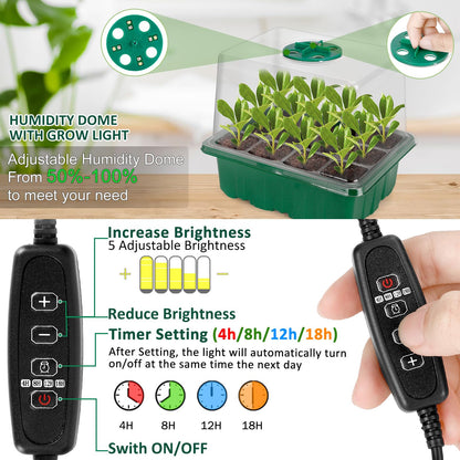 Tuidshui Seed Starter Tray with Grow Lights 5 PCS Kit Humidity Dome Adjustable Brightness Timer Controller 8 LED Seedling Trays with Tall Lid Mini Greenhouse for Staring Seedlings