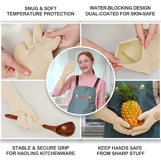 DABOGOSA Reusable Waterproof Household Dishwashing Cleaning Rubber Gloves, Non-Slip Kitchen Glove (Ivory, Large (Pack of 3))