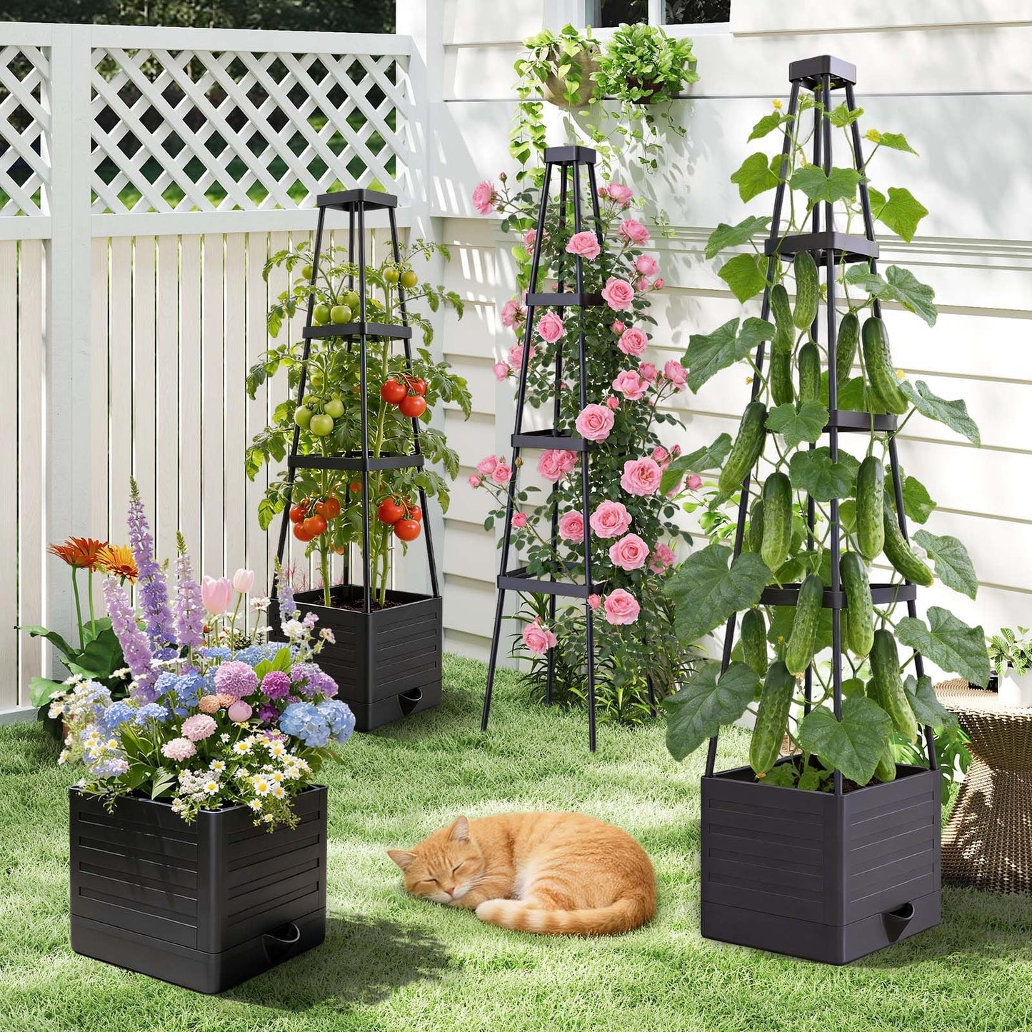 MQHUAYU 4 Pack Raised Garden Bed Planter Box with Trellis, 57" Self-Watering Tomato Cage Planters for Climbing Plants Vegetable Vine Flowers Outdoor & Indoor (57x9.8x9.8IN)