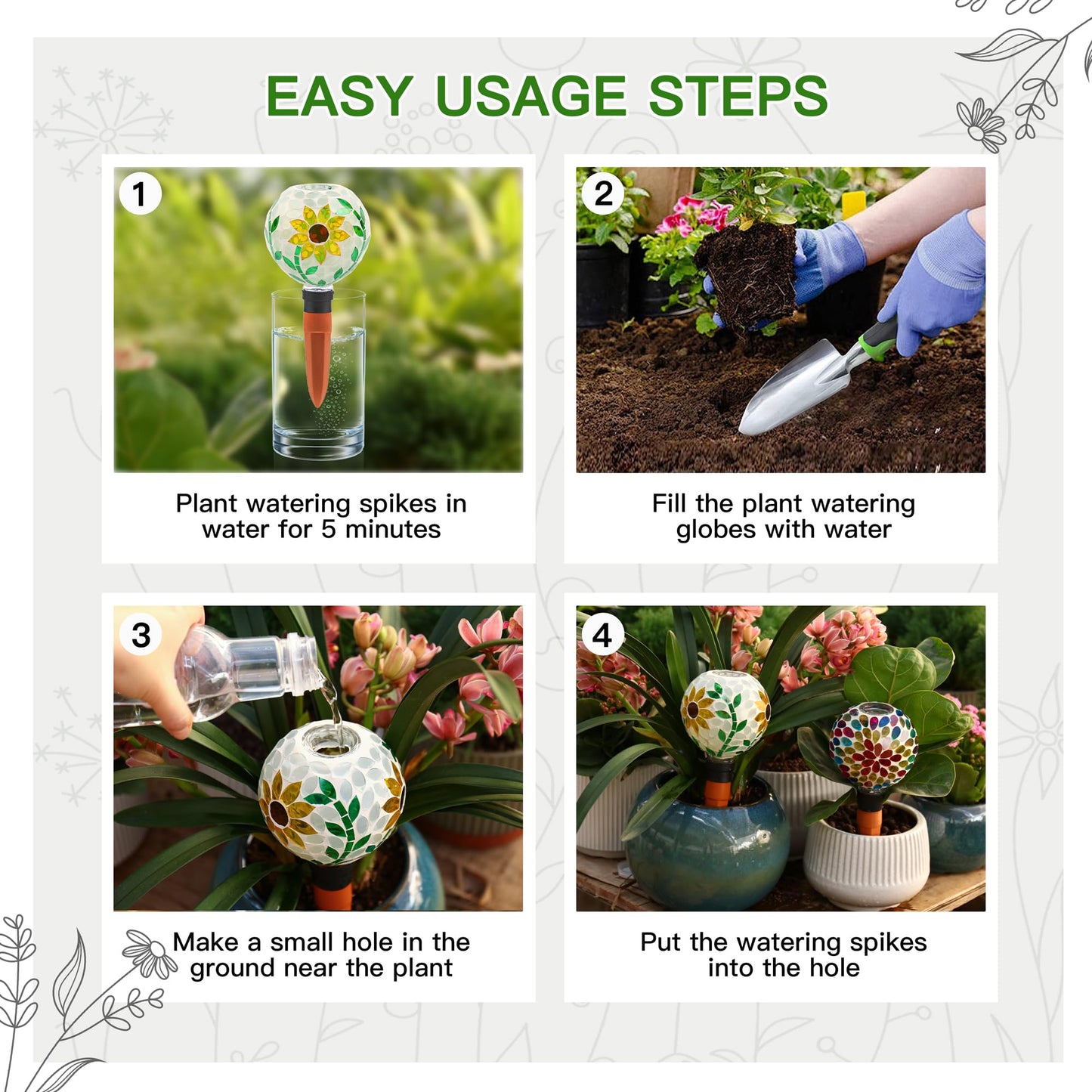 VOREEN Mosaic Plant Watering Globes with Terracotta Watering Spikes, 17oz Glass Self Watering Globes for Indoor & Outdoor Potted Plants, Decorative Water Drippers, Set of 2
