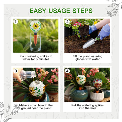 VOREEN Mosaic Plant Watering Globes with Terracotta Watering Spikes, 17oz Glass Self Watering Globes for Indoor & Outdoor Potted Plants, Decorative Water Drippers, Set of 2