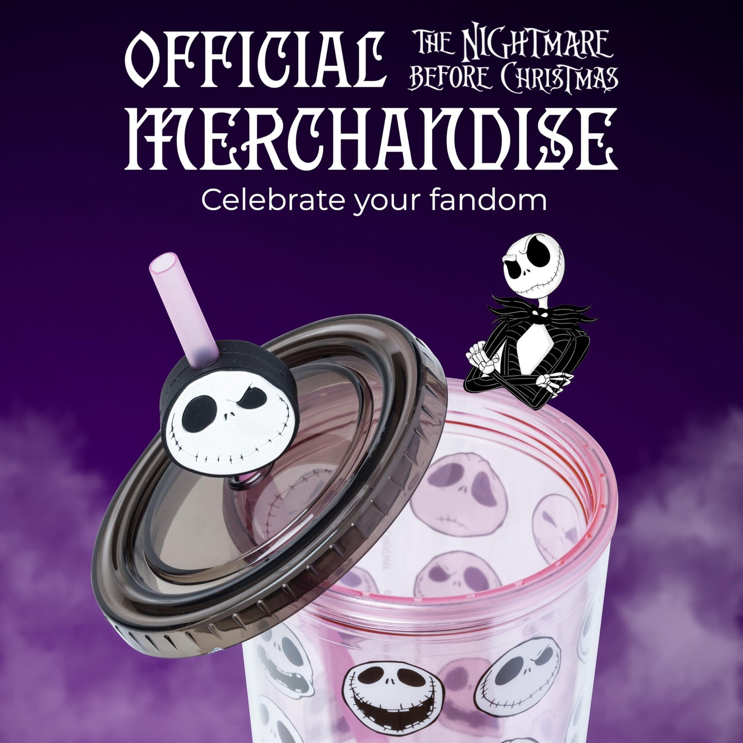 Silver Buffalo Disney Tim Burton's Nightmare Before Christmas All the Emotions of Jack Skellington Plastic Cold Cup with Lid and Straw Topper, 24 Ounces