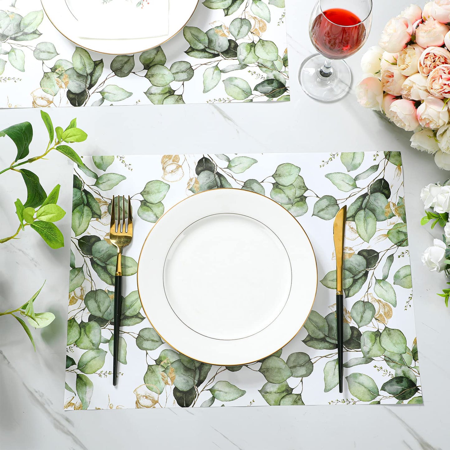 Sumind 50 Pcs Disposable Paper Placemat Greenery Eucalyptus Table Mat for Wedding Party 12 x 16" Summer Dinner Place Mat Rustic Farmhouse Dinnerware for Kitchen Baby Shower Birthday Tea Party