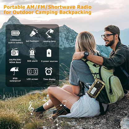 12000mAh/44400mWh Weather Radio, Hand Crank Emergency Radio Portable AM FM Shortwave, Solar Rechargeable Battery Powered Radio with NOAA Alert, USB-C Charger & Adapter, SOS Flashlight for Emergency