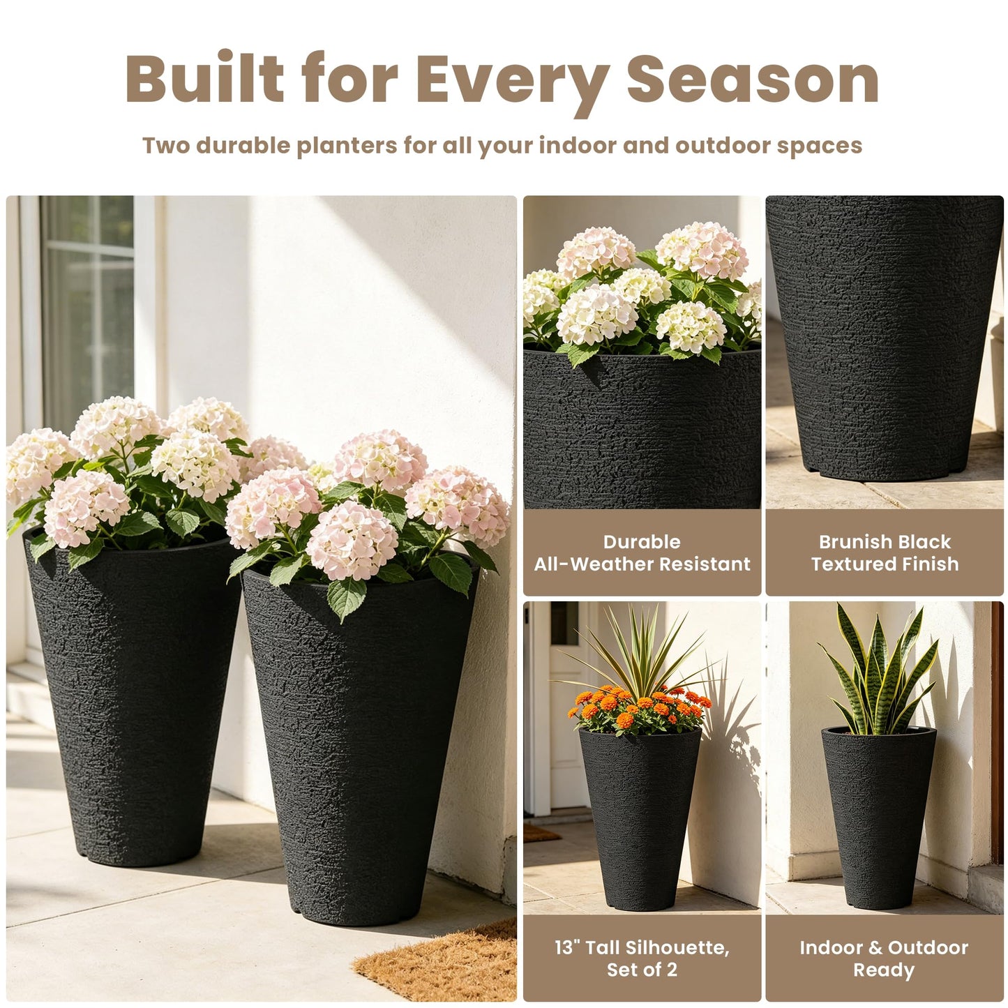 Kante 2 Pack 13 Inch Tall Planters, Modern Minimalist Textured Black Plastic Planter Pots with Drainage Holes, Detachable Inner Pot & Handle, Lightweight Outdoor Indoor Planters for Patio Garden