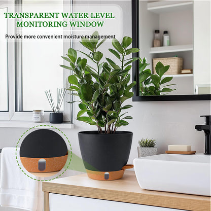Fielda 2 Pack 8 Inch Pots for Plants Indoor, Plastic Self Watering Planters with Drainage Holes, Water Level Indicator & Deep Reservoir, Decorative Flower Pots Indoor Outdoor Use (Black