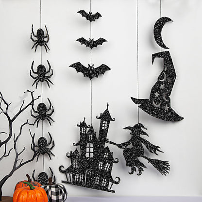 Glitter Black Halloween Hanging Banner Garland Decorations - Ghosts, Witches, Bats, Spiders, Haunted House, Cat and More - Indoor/Outdoor Party Supplies for Gothic Birthday, Home, Office, Classroom