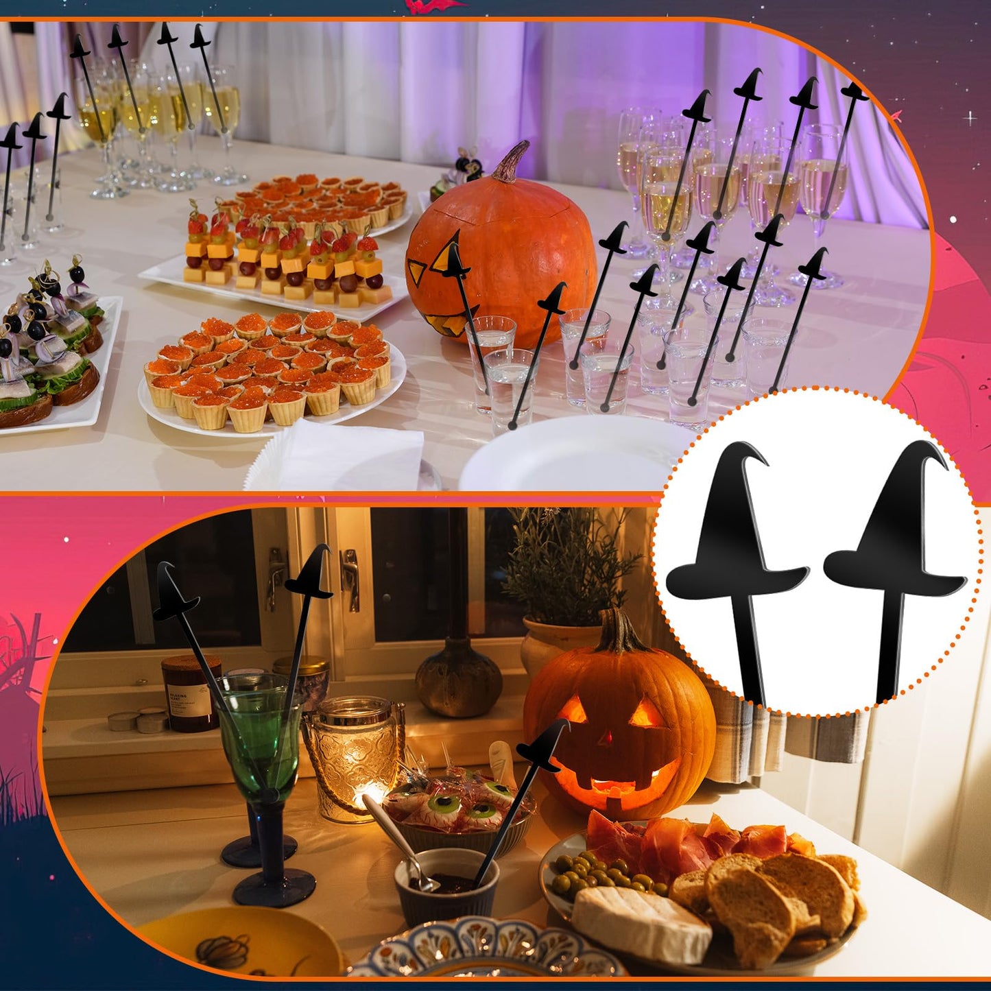 LemonRoad 48 Pcs Witch Party Supplies Swizzle Sticks Black Plastic Coffee and Cocktail Stirrers 5.9 Inch Reusable Black Witch Hat Cocktail Mixers Bulk for Bar Weddings Events Halloween (Classic)