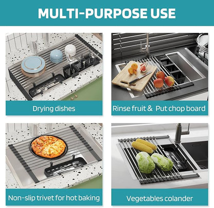 Black Expandable Roll Up Dish Drying Rack Up to 22.8''with 2 Storage Baskets,Over The Sink Kitchen Rolling up Dish Drainer Drying Rack , Foldable,Rollable,for Kitchen Dishes(Expandable Width Size)