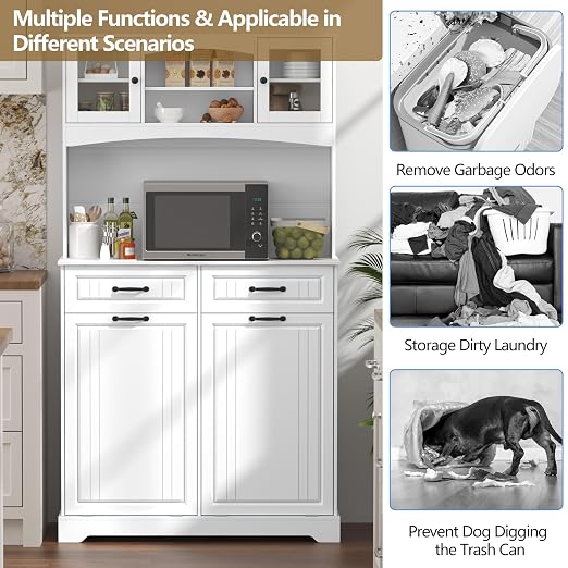 Double 13 Gallon Tilt Out Trash Can Cabinet with Deodorizing Function and Power Outlet, 71" Tall Wooden Garbage Can Holder Cabinet with 2 Storage Hutch & 2 Drawers for Kitchen and Dining Room, White