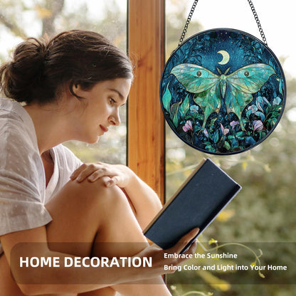 MORDMODUCK Luna Moth Flower Stained Glass Window Hanging, Green Moth Butterfly Suncatchers, Butterfly Wildflower Sun Catchers Indoor Window Glass Wall Art Hanging Decorations, 7.9x7.9in