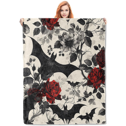 VANZEV Gothic Floral Blanket,Roses and Bat Flannel Throw Blankets,Soft Warm Lightweight Cozy Plush Halloween Goth Throws for Bedroom Sofa Home Decor Gifts for Women Girls 50"x60"