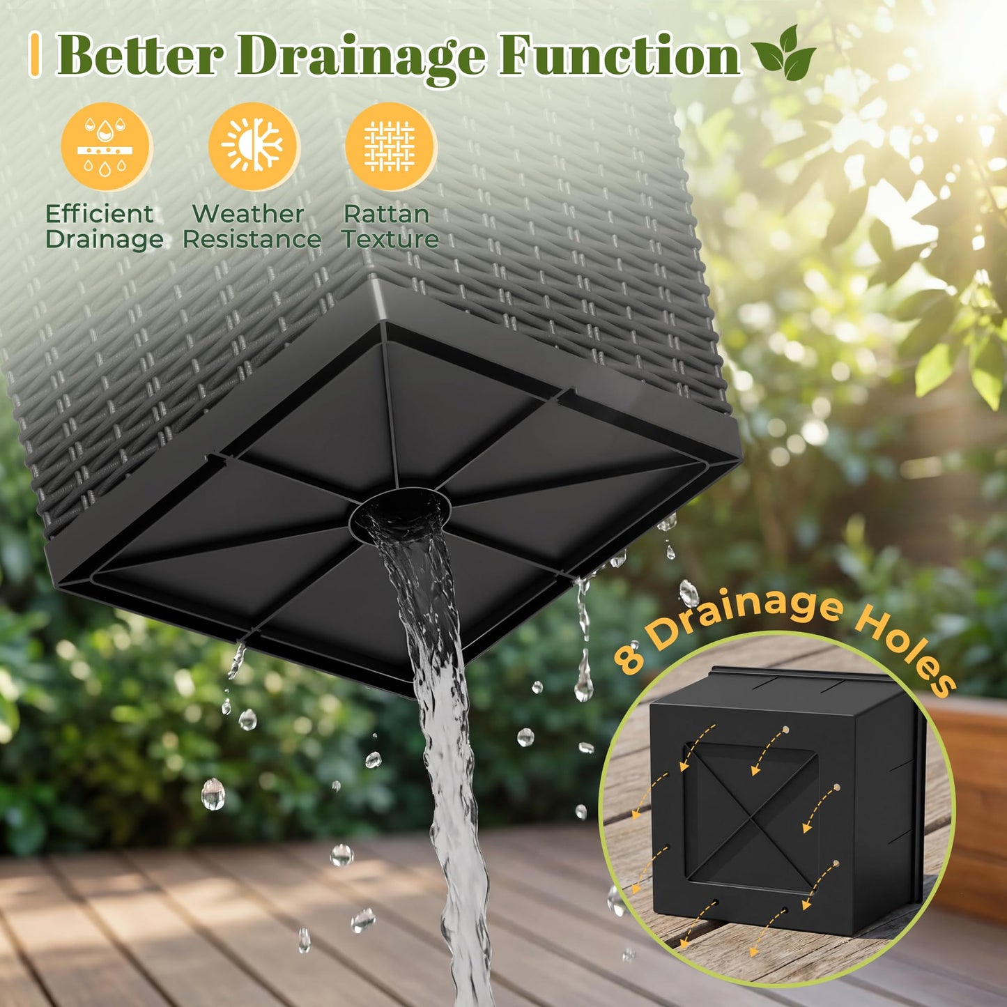 JUMMICO Set of 2 Resin Widened Tapered Planters, Rattan Texture Planters with Drainage Holes and Trays, Outdoor Flowers Pots for Plants, Porch & Patio Decor (Black, 24'' H, Inner & Outer Trays)