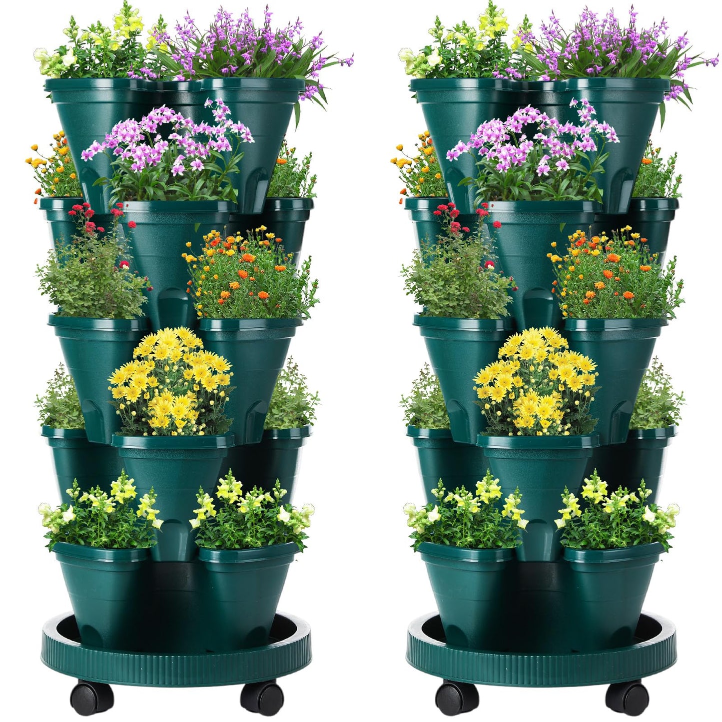 Umigy 2 Set 5 Tier Stackable Planters Vertical Garden Planters for Strawberry Herb Flower and Vegetable Indoor Outdoor Gardening Pots with Removable Wheels and Bottom(Dark Green)