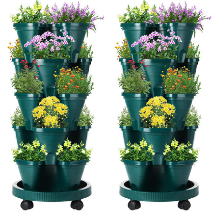 Umigy 2 Set 5 Tier Stackable Planters Vertical Garden Planters for Strawberry Herb Flower and Vegetable Indoor Outdoor Gardening Pots with Removable Wheels and Bottom(Dark Green)