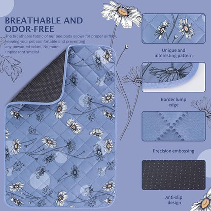 IEUUMLER Washable Pee Pads for Dogs, 2 Pack Non-Slip & Waterproof Pack Whelping Pad, Reusable Washable Puppy Potty Training Pad with Fast Absorbent for Playpen EU007 (Gray Blue Daisy, 36"X24"-2pcs)