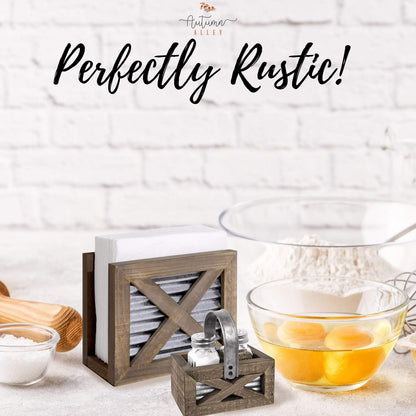 Autumn Alley Farmhouse Napkin Holder and Adorable Farmhouse Salt and Pepper Shakers Set With Wood Holder - Western Kitchen, Galvanized Metal - Upright Rustic Napkin Holder Rustic Kitchen Décor (Brown)