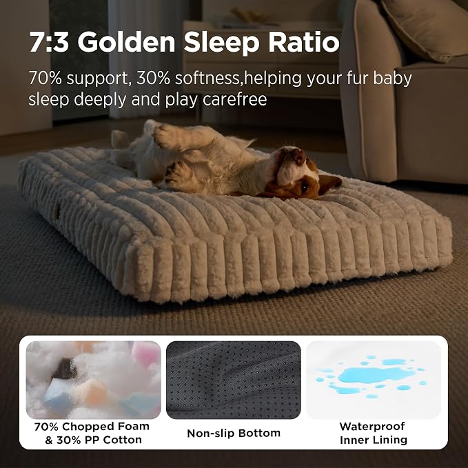 Bedsure ComfyFleece™ Fluffy XL Dog Bed Extra Large Crate Pillow 41x27 Cream | Aesthetic Crate Bed for Balanced Support Cute Chopped Foam Pad with Removable Washable Cover Non-Slip Waterproof Cozy Pet Mat