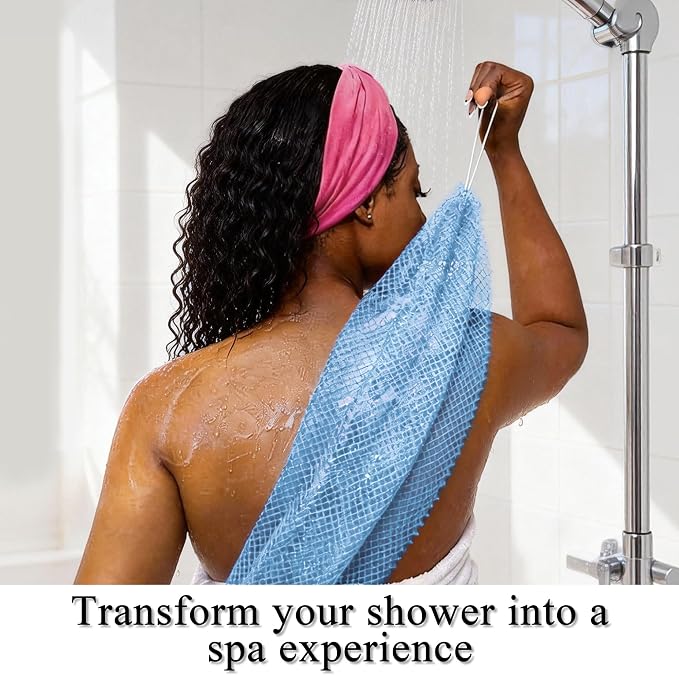 SubSahara Authentic African Net Sponge - 2 Pack Exfoliating Bath & Shower Loofah Sponge for Body & Face, Gentle Scrubber for All Skin Types, Travel, Durable (Linen & Sky Blue)