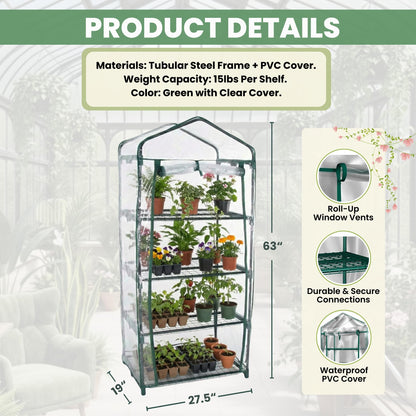 4 Tier Mini Greenhouse - Portable Greenhouse with Rust-Resistant Frame and PVC Cover for Indoor/Outdoor - 27.5x19x63-Inch Green House by Pure Garden