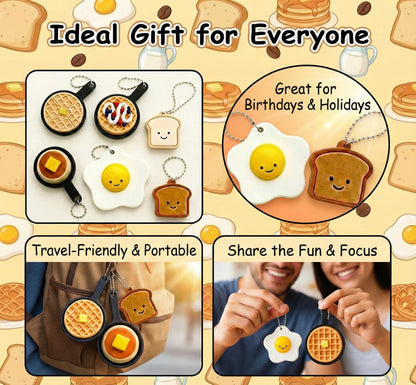 Breakfast Fidget Clicker Set – 6-Pack Clicker Keychains Cute 3D Printed Egg, Toast, Pancake & Waffle Fidget Accessory for Relief of Stress and Backpack Charm