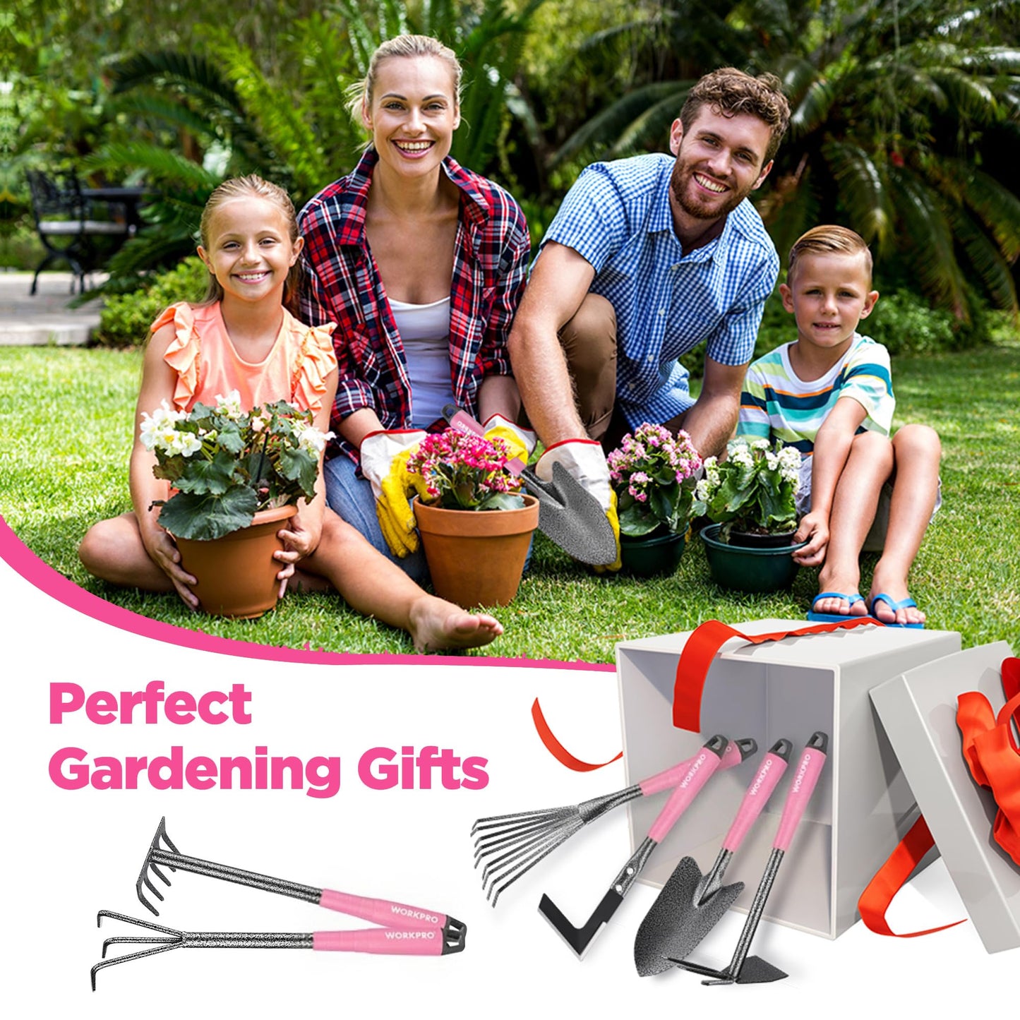WORKPRO 6-Piece Pink Garden Tool Set, Heavy Duty Gardening Hand Tools with Soft Rubber Handle, Including Trowel, Rakes, 2-in-1 Hoe and Crack Weeder, Ideal Gardening Gifts for Men and Women