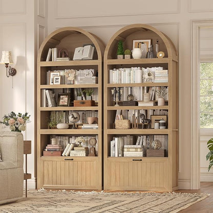 81" Tall Arched Cabinets,Bookcase with Drawer storage,Mid-Century Modern 5-Tier Bookshelf,2 Book Risers and Adjustable Shelves offering more storage space for Living Room,Kitchen,Home Office,Oak