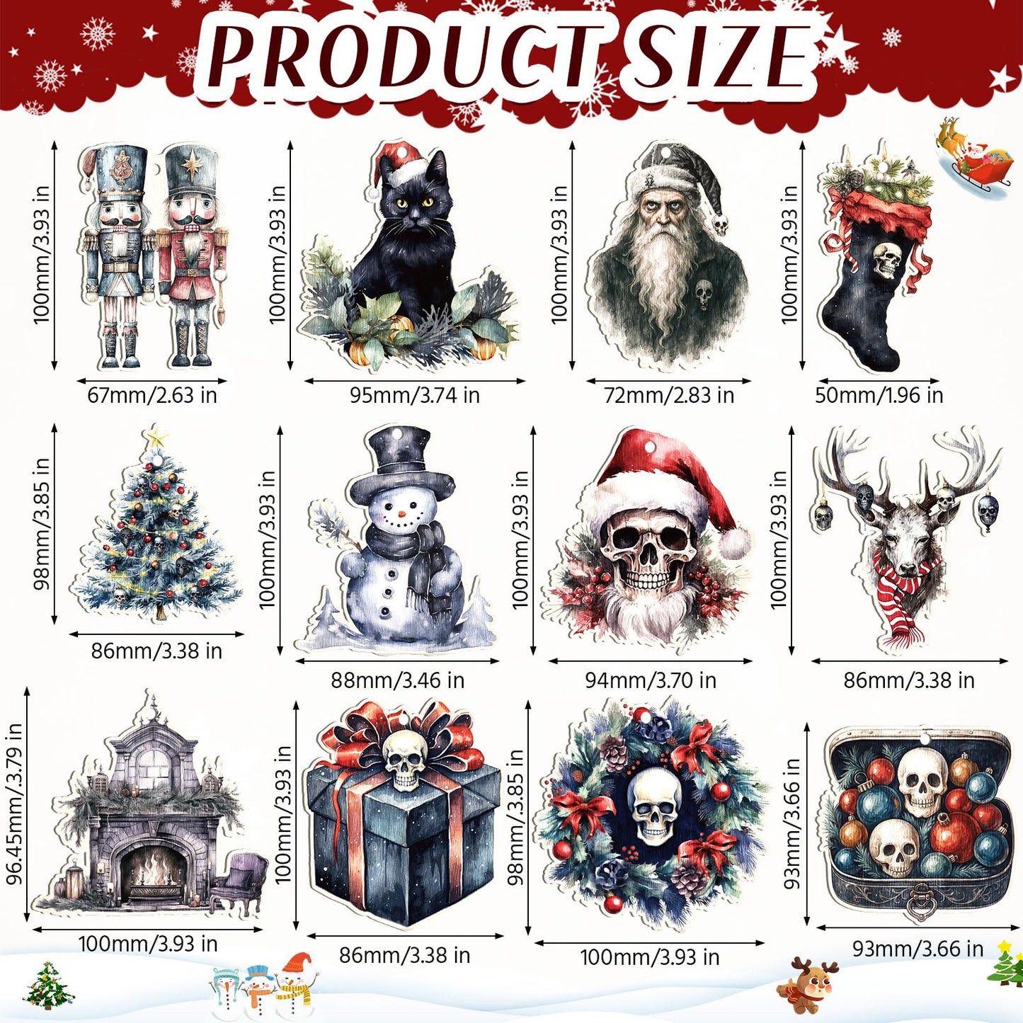 Thyle 24 Pcs Gothic Christmas Tree Ornaments Wooden Spooky Xmas Hanging Decorations Skeleton Santa Claus Snowman Elk Wood Cutouts Ornaments with Ropes for Christmas Tree Holiday Party Decor