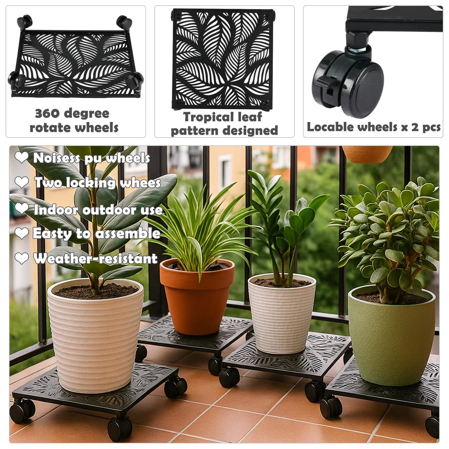 1-pack 13.5 Inches Square Metal Plant Caddy with Wheels Heavy Duty Large Rolling Plant Stand Indoor Outdoor Wheeled Planter Dolly Cart with Lockable Casters Flower Pot Mover Roller Trolley, Black