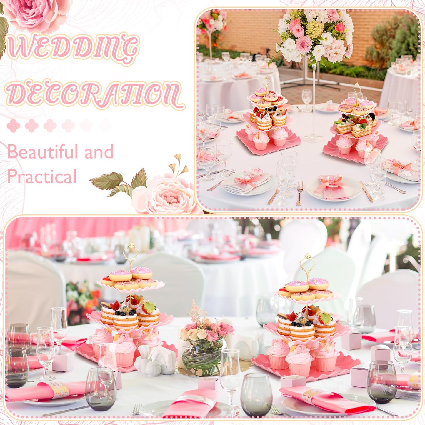 Lallisa 2 Pack Scalloped Cupcake Stand Dessert Plates Plastic Square Tiered Serving Stand Display Tower for Wedding, Birthday Party, Tea Party and Baby Shower(Pink Gradient)