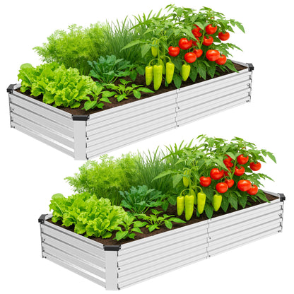 Bujijun 2 Pack 8x4x1FT Galvanized Metal Raised Garden Bed Kit for Vegetables, Herbs, Open-Bottom Large Capacity Outdoor Planter Box Gardening Stakes, Silver