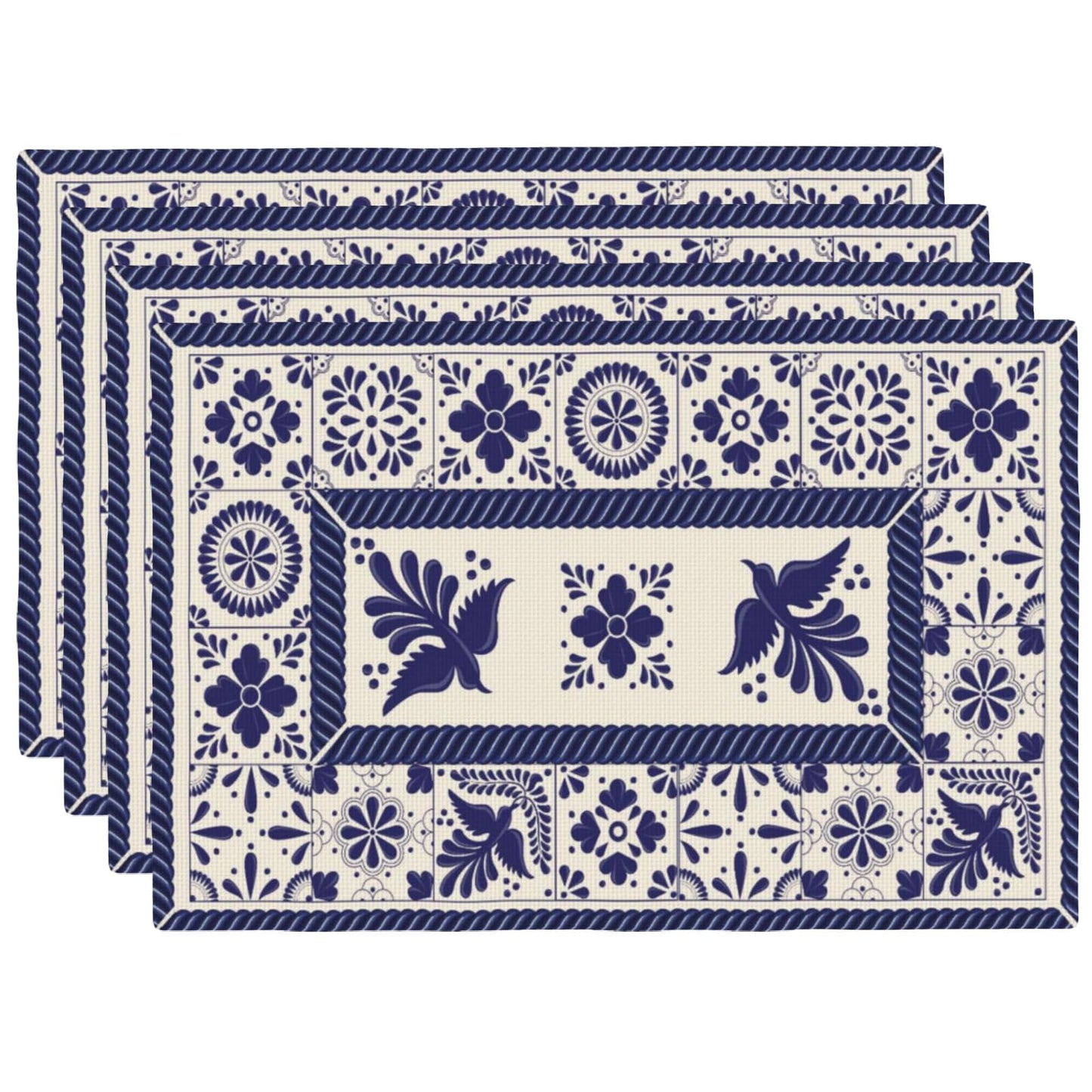 Talavera Tiles Fiesta Mexican Placemats Set of 4 Blue Beige Floral Bird Phoenix Table Mats Washable Boho Bohemian Heat Resistance Place Mat for Home Party Kitchen Dining Table Decoration 12x18 Inch