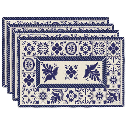 Talavera Tiles Fiesta Mexican Placemats Set of 4 Blue Beige Floral Bird Phoenix Table Mats Washable Boho Bohemian Heat Resistance Place Mat for Home Party Kitchen Dining Table Decoration 12x18 Inch