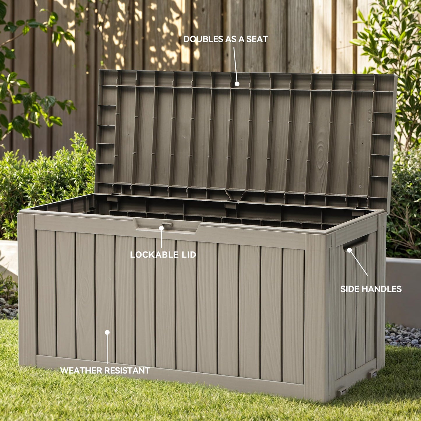 YITAHOME 72 Gallon Outdoor Storage Box w/Wheels, Resin Deck Box Indoor & Outdoor Patio Storage Box for Throw Pillows, Athletic Gear, Yard Implements (Light Brown)
