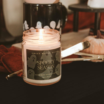 Sweet Water Decor Halloween Jar Candle - Spooky Season Scent - 9oz, 40hr Burn Time, Clear Jar with Gold Lid