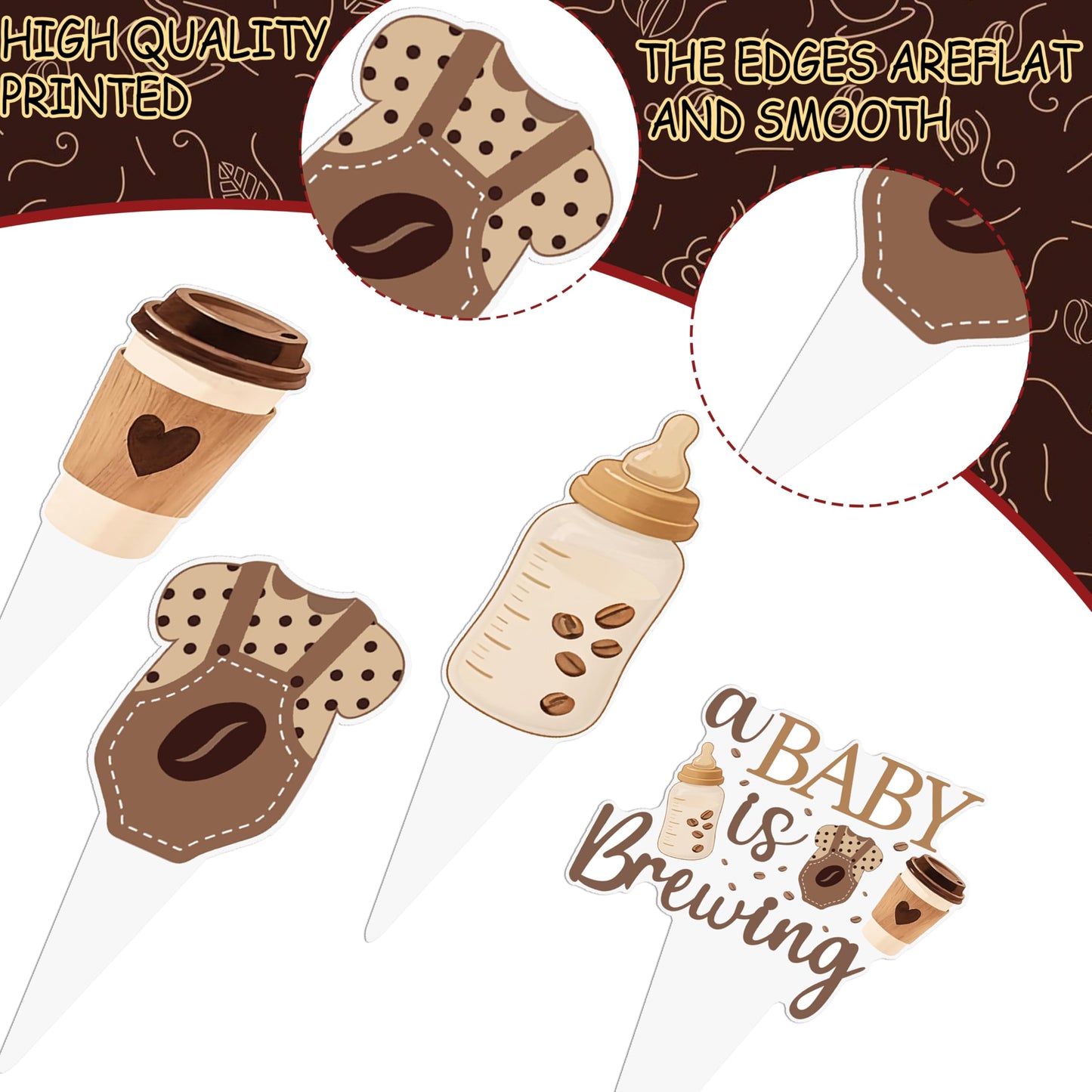 A Baby is Brewing Cupcake Toppers, Coffee Theme Baby Shower Decorations, 48 Pack, Brown Gender Reveal Party Supplies with Coffee Cup and Baby Bottle Picks