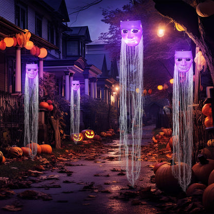VitalCozy 4 Pcs Halloween Decorations Outdoor Hanging Ghost White Masks with Purple LED Lights Swinging Floating Glowing Ghost Light up Halloween Outdoor Tree Lawn Yard Garden Porch Decorations