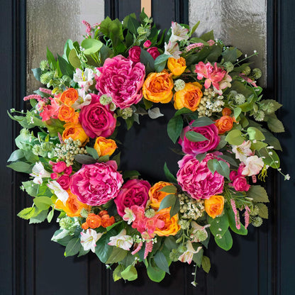 CHvista 24 Inch Spring Wreaths for Front Door Outside,Handcrafted Garden Rose & Peony Style Summer Wreath with Pink,Orange Ivory Flowers- Lush Spring Door Wreath for Farmhouse Home Wall Porch Window